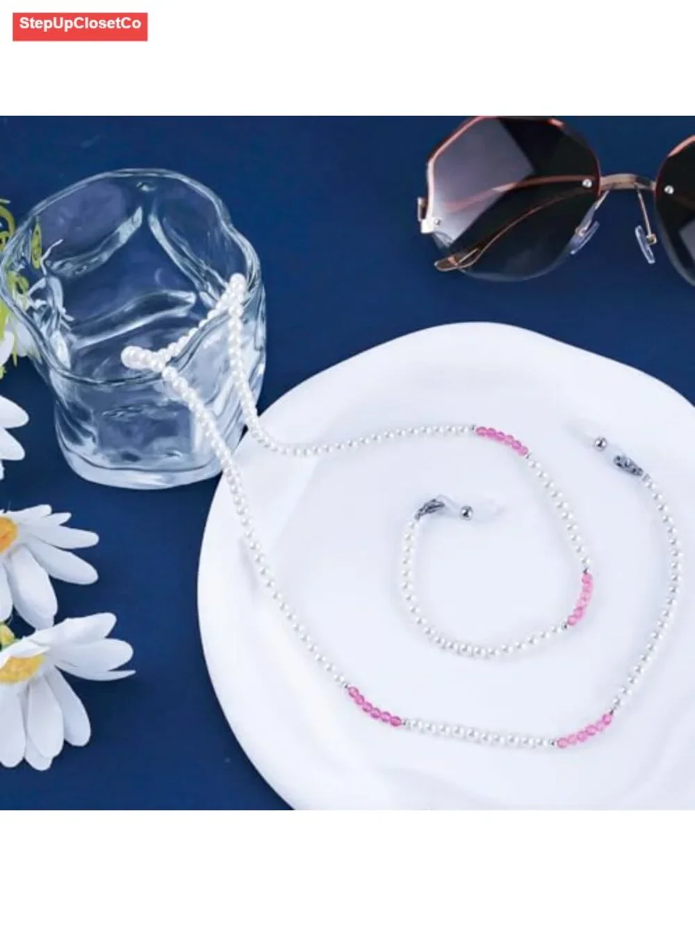 Pearl Beaded Eyeglasses Chain with Spinel Accents, Glasses Holder Lanyard for